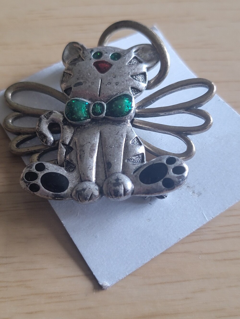 Vintage Pewter Cat Brooch with Green Bow Accent - Pets Cat Accessory